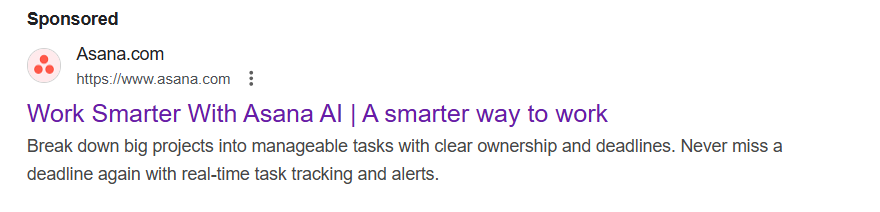 Image showing  ad from Asana promoting smarter task management with AI and real-time tracking.
