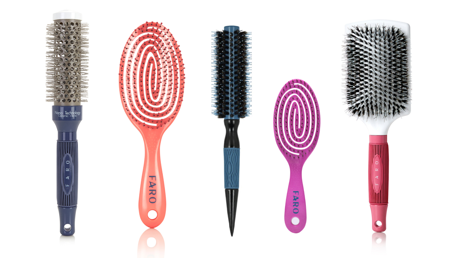 An image of FARO's brush collection including paddle brush, round brush and detangler