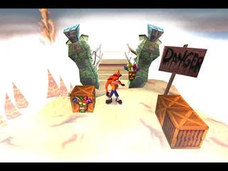 Tangkapan layar Crash Bandicoot yang menunjukkan Crash di awal level Road to Nowhere