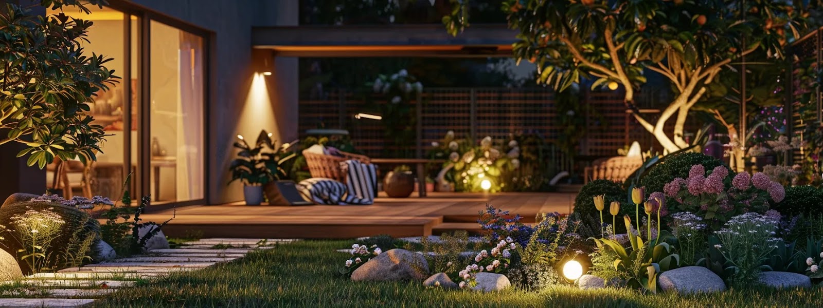 a beautifully illuminated garden, showcasing the transformative power of landscape lighting on a home's exterior.