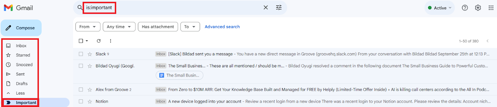 Emails marked as 'important' in Gmail.