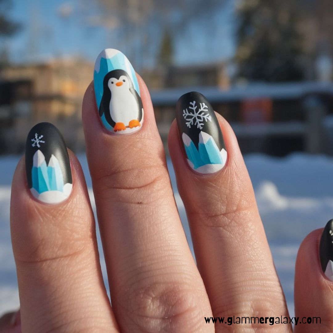 Cute Winter Nails having Penguin Parade
