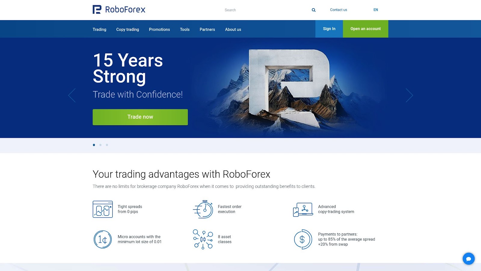 Screenshot of RoboForex's homepage displaying their competitive trading conditions and diverse account types