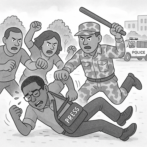 In April The ICIR journalist Sinafi Omanga was beaten while discreetly trying to document a case of jungle justice on two men accused of stealing a mobile phone. Image generated using AI with prompt from Bamas Victoria
