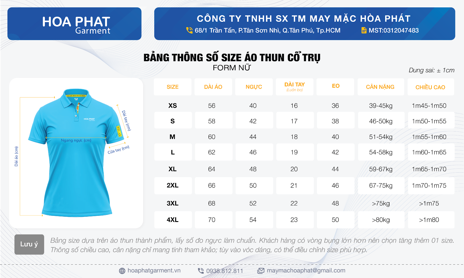 bảng size áo thun cổ trụ nữ