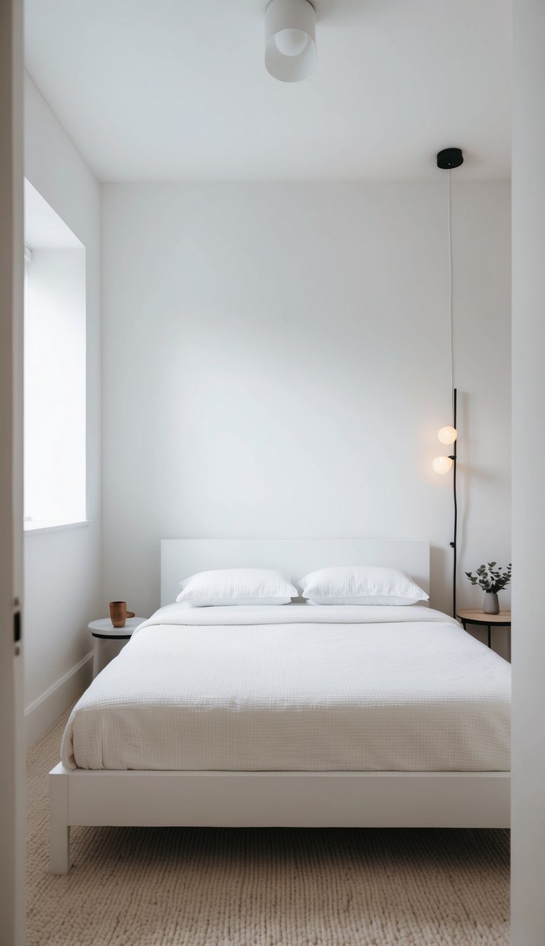 A simple, white bedroom with clean lines, minimal furniture, and soft lighting