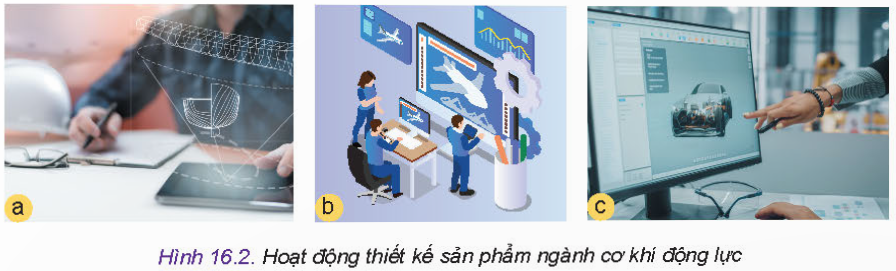 BÀI 16 - NGÀNH NGHỀ TRONG LĨNH VỰC CƠ KHÍ ĐỘNG LỰCMỞ ĐẦUCH: Quan sát hoạt động nghề nghiệp trên Hình 16.1 và cho biết đó là nghề gì?Đáp án chuẩn:Nghề lắp ráp/sửa chữa ô tô.I. NGHIÊN CỨU THIẾT KẾ, PHÁT TRIỂN SẢN PHẨM CƠ KHÍ ĐỘNG LỰCKhám phá: Hãy quan sát hoạt động nghề nghiệp trong Hình 16.2 và mô tả công việc của ngành nghề đó.Đáp án chuẩn:HìnhMô tảaThiết kế động cơ đốt trongbThiết kế hình dáng khí động học của máy baycThiết kế hệ thống truyền lực cho ô tôII. SẢN XUẤT, LẮP RÁP SẢN PHẨM CƠ KHÍ ĐỘNG LỰCLuyện tập: Cho biết yêu cầu ngành đào tạo phù hợp cho những người thực hiện nhóm công việc sản xuất, lắp ráp sản phẩm cơ khí động lực.Đáp án chuẩn:Yêu cầu: trình độ phù hợp, kĩ năng nghề nghiệp thành thạo.III. BẢO DƯỠNG, SỬA CHỮA MÁY CƠ KHÍ ĐỘNG LỰC