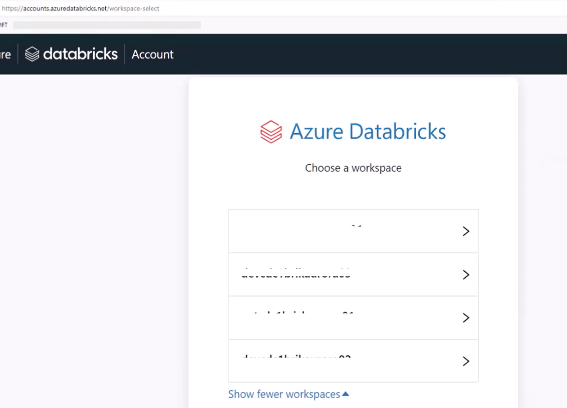 The Azure Databricks workspace selector. The text "Choose a workspace" is at the top, with a list of available workspaces below.