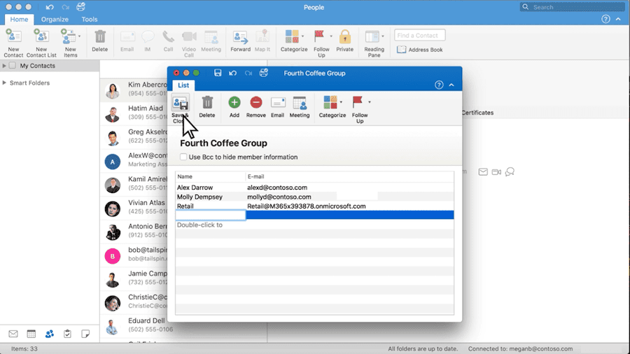 Create an email group and save in Outlook's Mac version