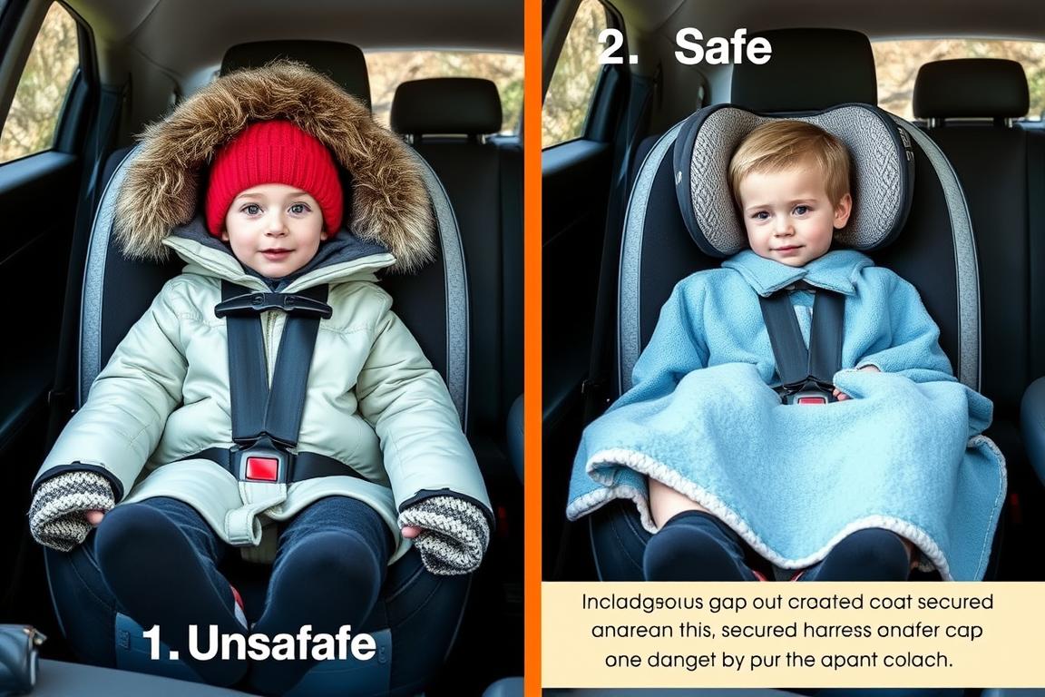 Child in car seat without bulky winter coat for proper car seat safety