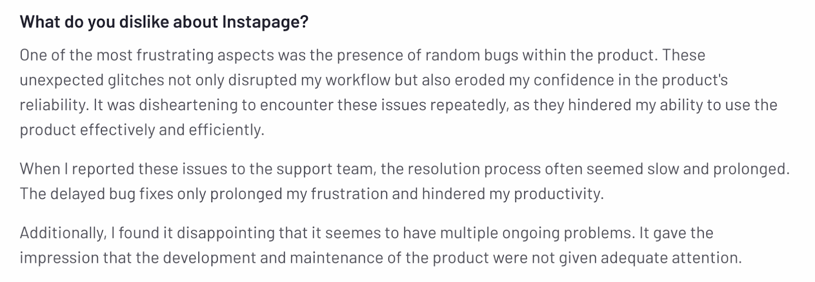 Screenshot of a user review answering ‘What do you dislike about Instapage?’