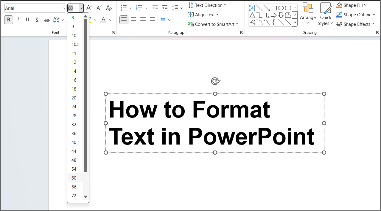 Font size selection in PowerPoint with a dropdown of various font sizes.