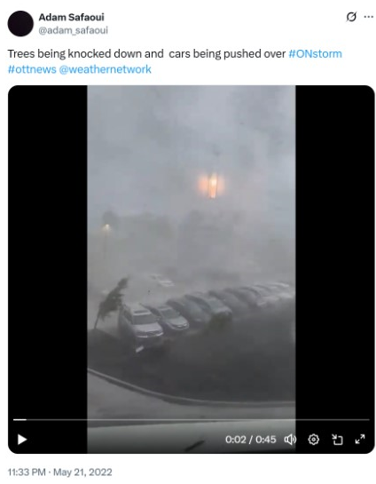 a severe storm striking Gloucester, a suburb of Ottawa in Ontario