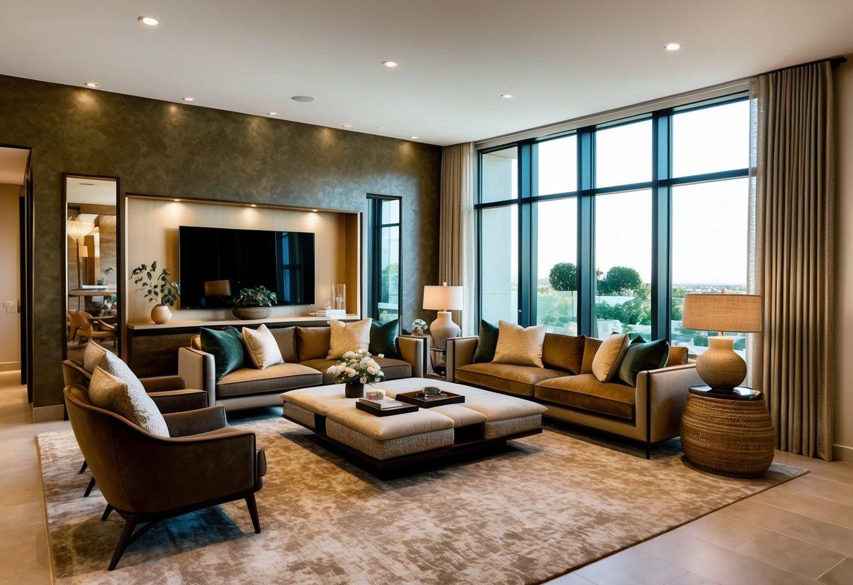 A modern living room with earthy tones and textures, featuring luxurious furniture and decor. Large windows allow natural light to fill the space, highlighting the elegant design