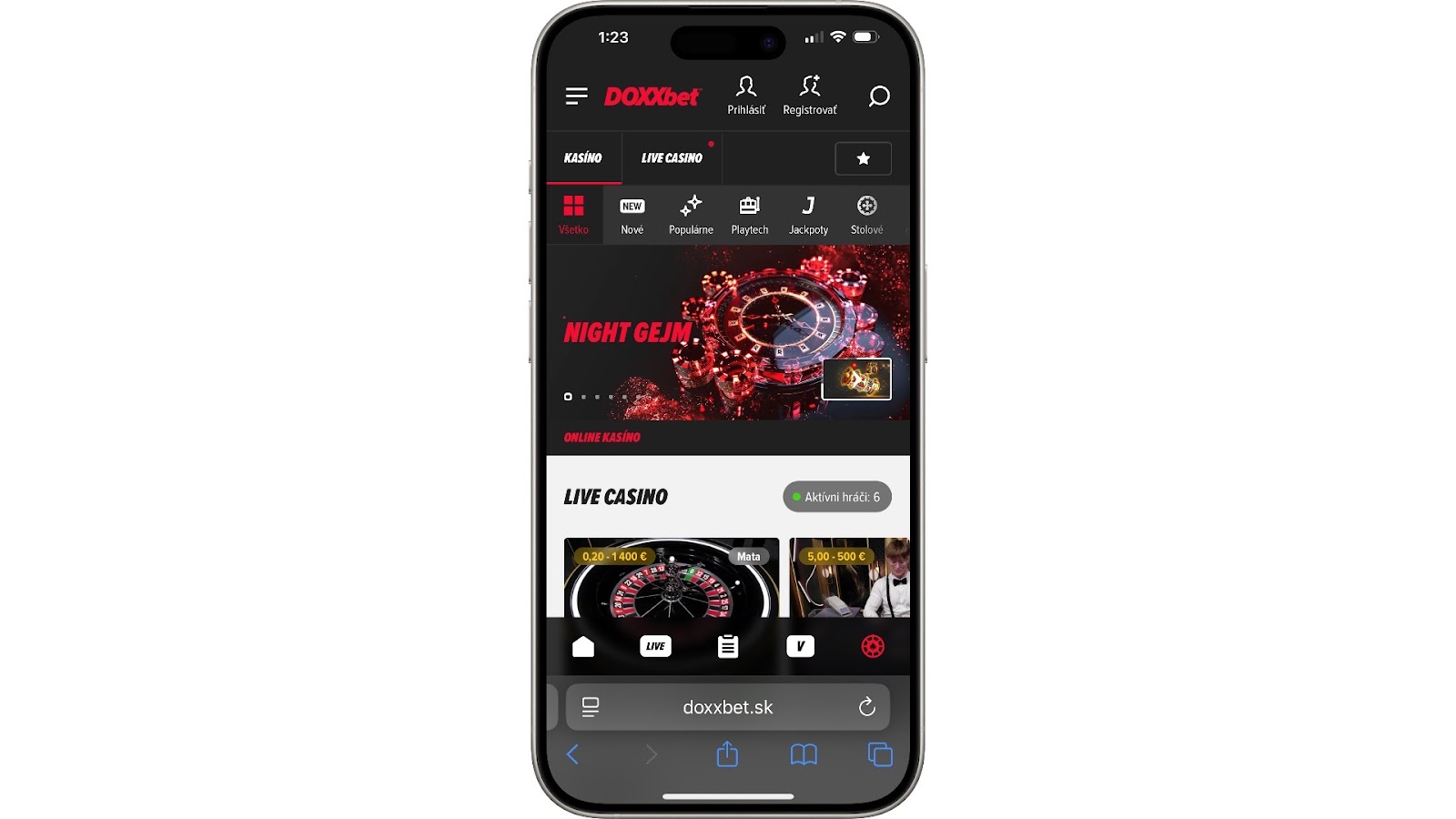 Mobilná verzia online kasína DOXXbet zobrazujúca hlavné menu, živé kasíno, ruletu a promo akciu "Night Gejm" na domovskej stránke.