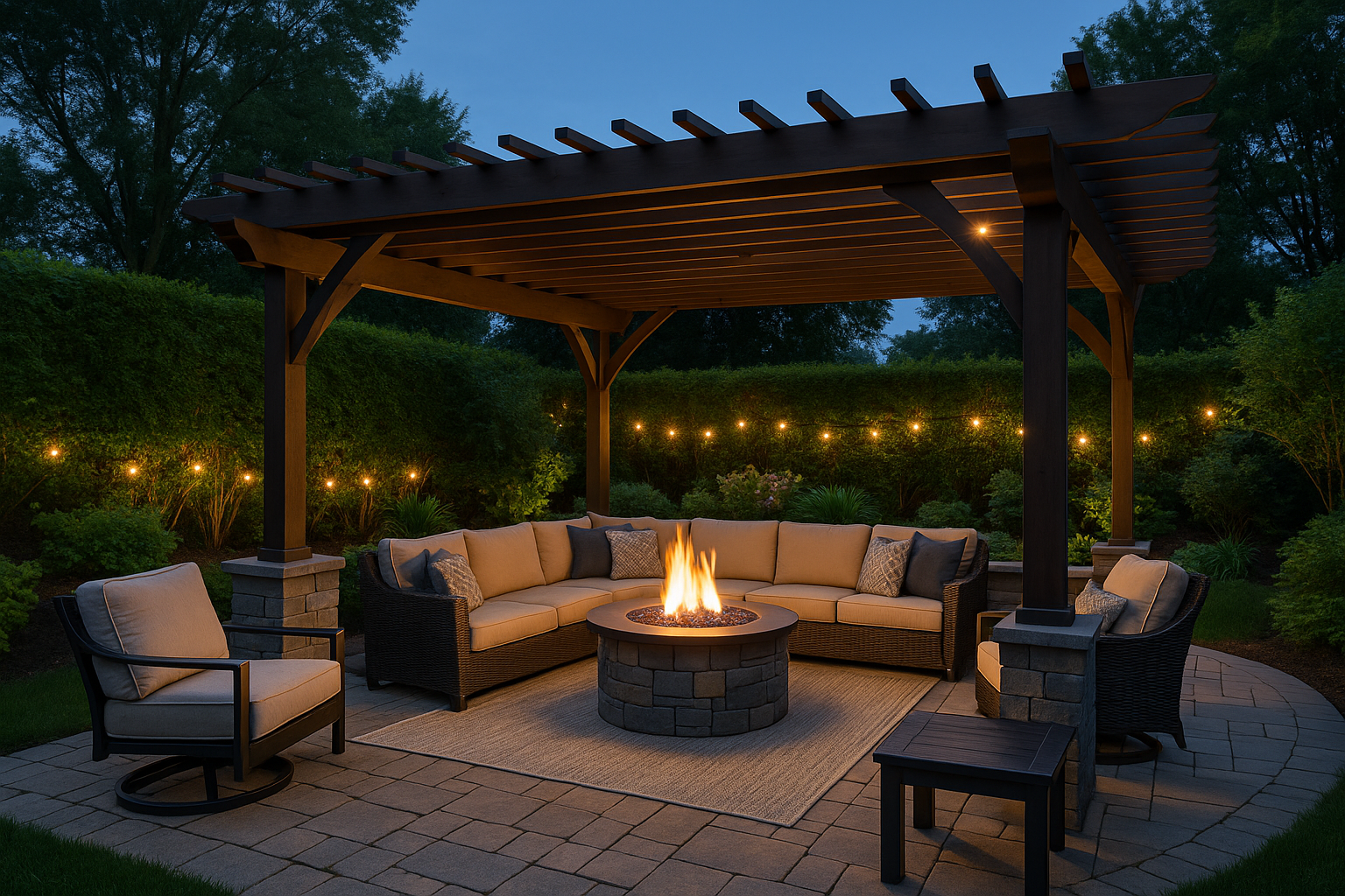 Outdoor living room under pergola featuring fire pit, rugs, and comfortable seating.