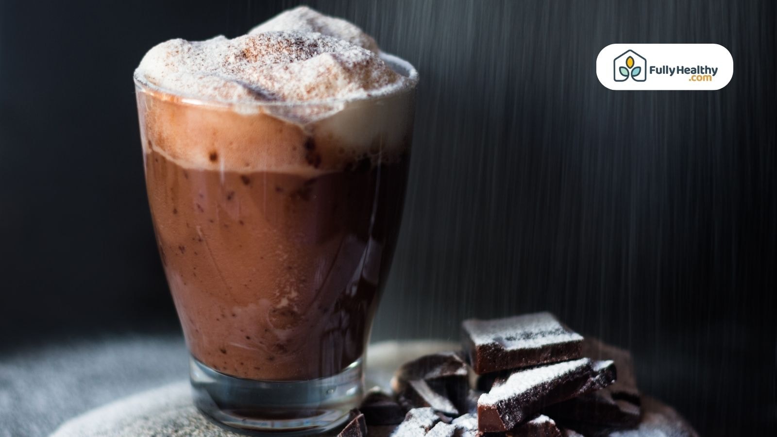 Hot cocoa drink with dark chocolate chunks