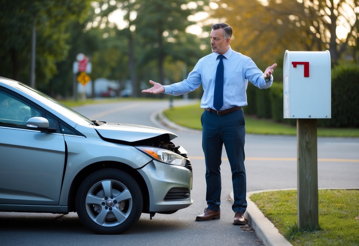 A car with a dented bumper sits parked next to a mailbox, while a frustrated driver gestures towards the damage, speaking with an insurance agent