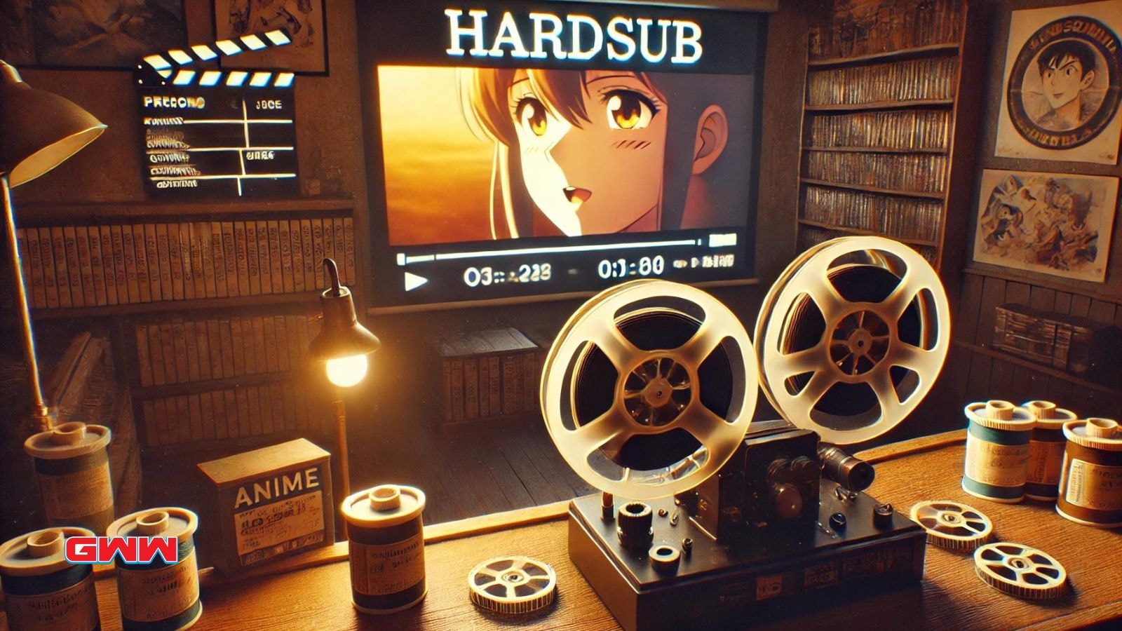 A widescreen, analog film-style image representing the concept of a hardsub in anime.