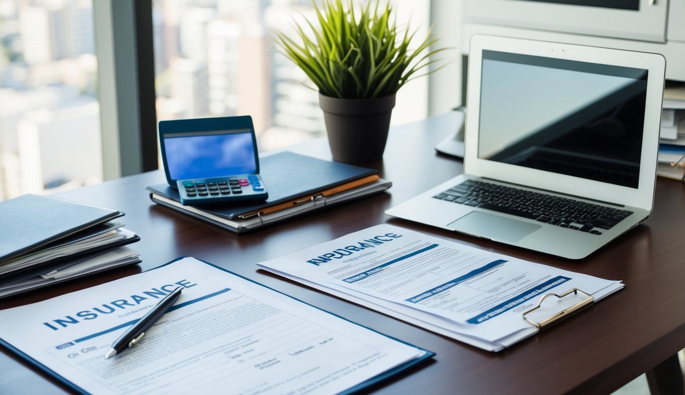 A desk with a computer, paperwork, and insurance documents