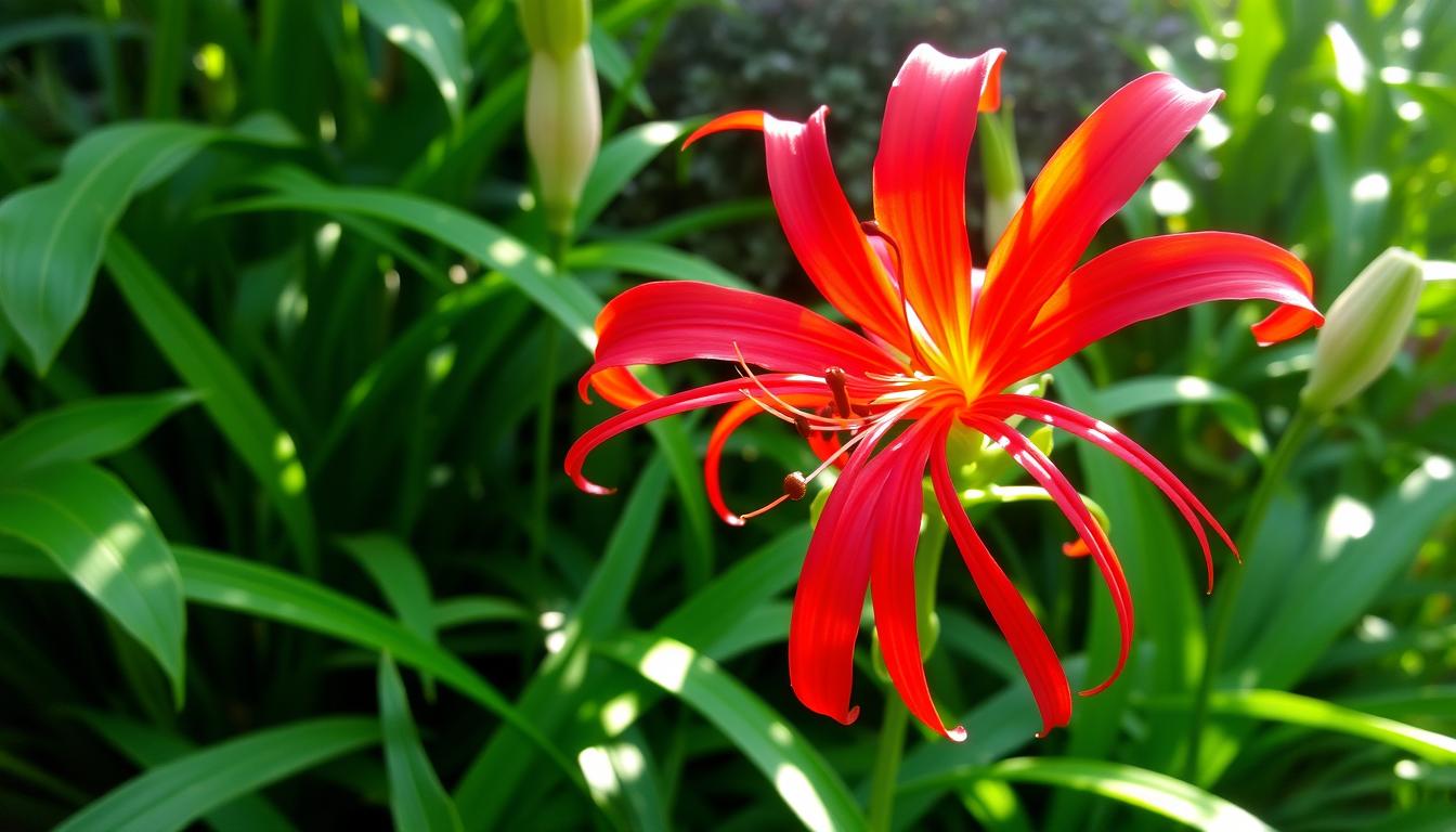 Lírio-aranha-vermelho em jardim