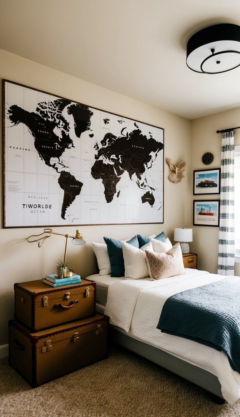 A cozy guest bedroom with a world map wall mural, vintage suitcases as nightstands, and travel-themed artwork adorning the walls