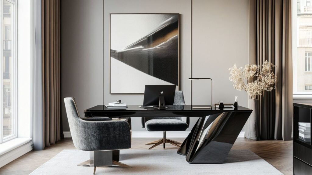 Glossy black Art Deco desk in minimalist offic
