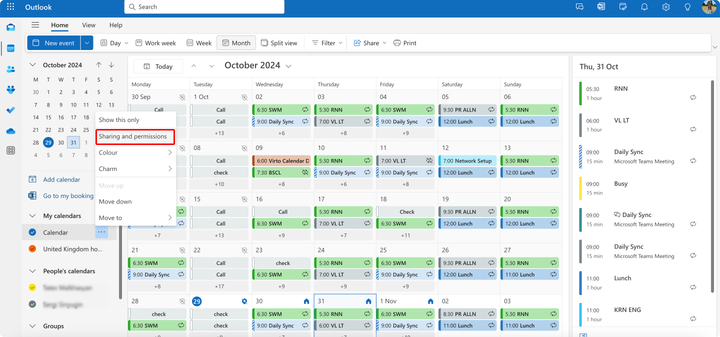 Pic. 7. Navigating to “Sharing and permissions” in OWA.