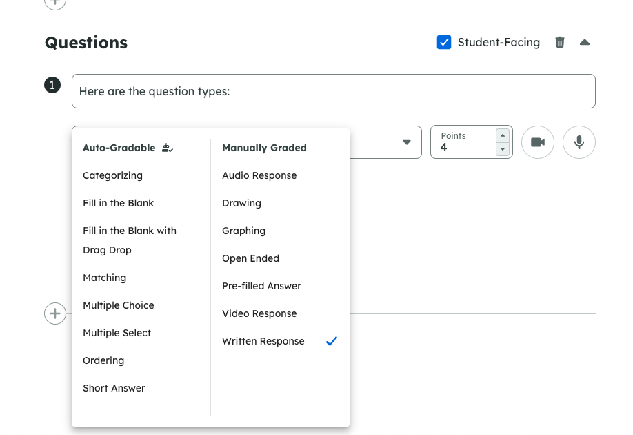 Screenshot of an assessment in Edit Mode with a drop-down menu showing options for auto-gradable and manually graded question types.