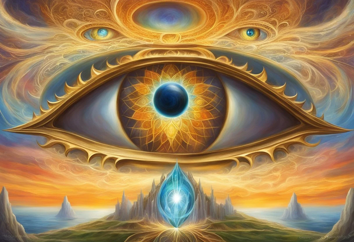 A divine eye watches over with duality of vision, as described in "The Secret Power of Self" (chapter 12). Capture the symbolic eye for illustration