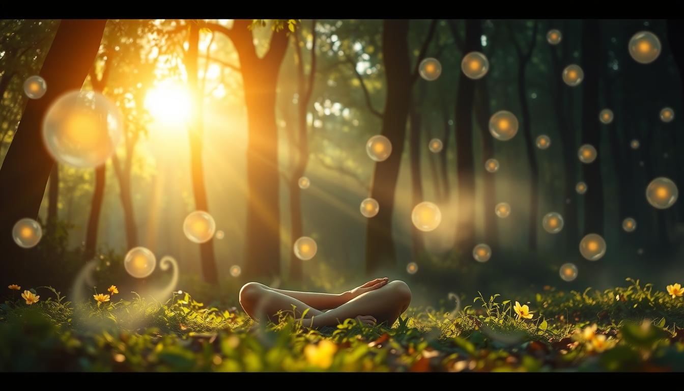 A serene and ethereal scene depicting a wishful thinker sitting cross-legged in a lush, enchanted forest, surrounded by glowing orbs of light that represent thoughts and intentions, with gentle wisps of mist swirling around, creating an atmosphere of magic and possibility. The sunlight filters through the trees, casting a warm glow that highlights the peaceful expression on their face, symbolizing focus and openness to connection.