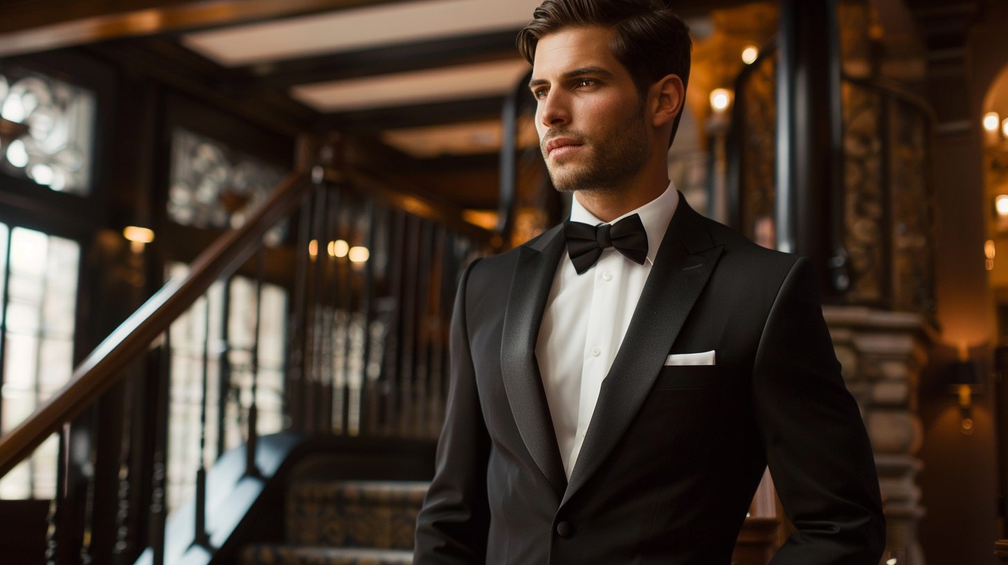 A tall, confident man in a peak lapel tuxedo, bold and structured lapels, strong silhouette, perfect for a black-tie wedding or winter event, dramatic lighting.