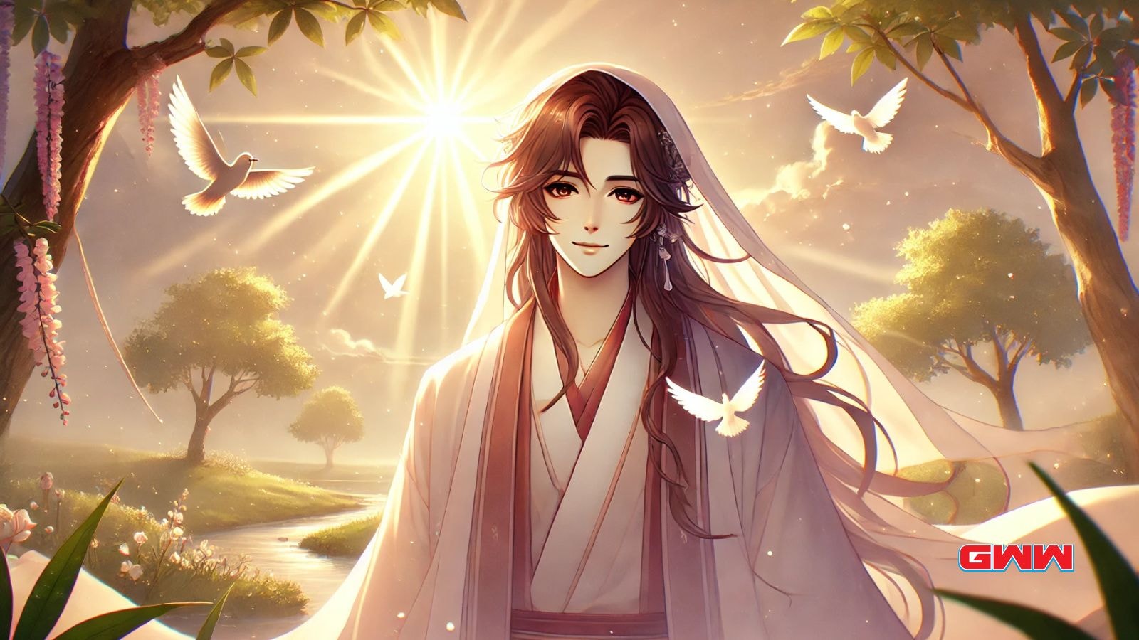 Anime-inspired Jesus-like figure with doves in a peaceful nature setting.