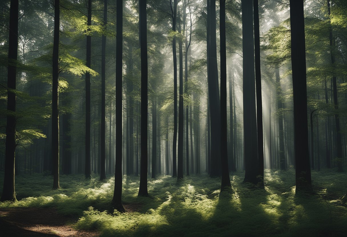 A dense forest of tall trees, their trunks and branches painted in shades of Woodland Grey and Monument, casting dappled shadows on the forest floor