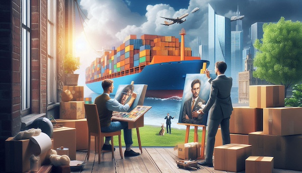 An artist producing a piece while someone else is shipping the art in a lifelike scene.