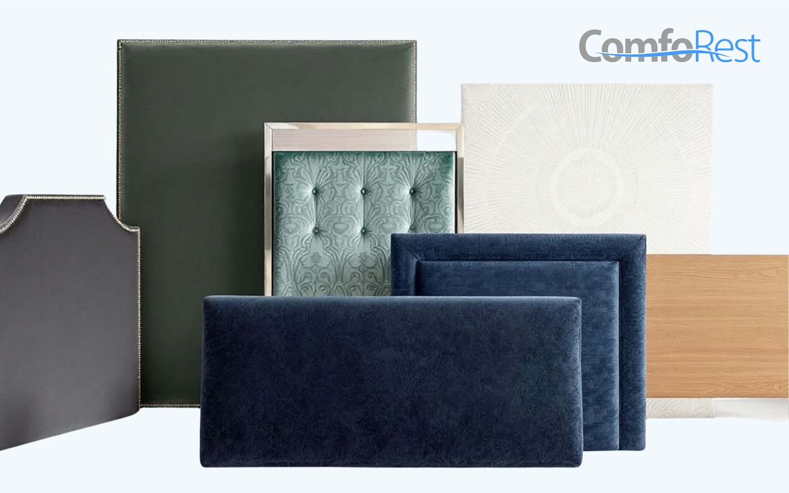 Assorted headboard styles in various materials, including upholstered, wooden, and tufted designs, showcasing diverse options for bedroom aesthetics by ComfoRest