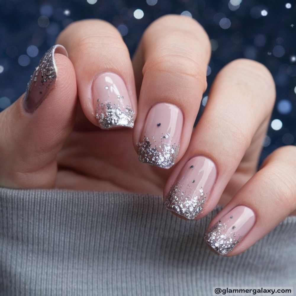 French Tip Christmas Nails having Nude and Sparkle
