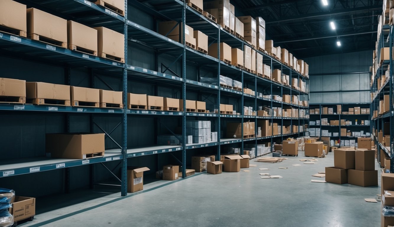 Empty shelves in a dimly lit warehouse, with scattered boxes and abandoned inventory