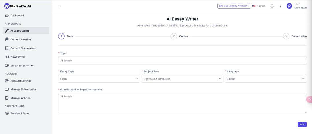 Best AI Tools in 2025 - Screenshot of WriteGO