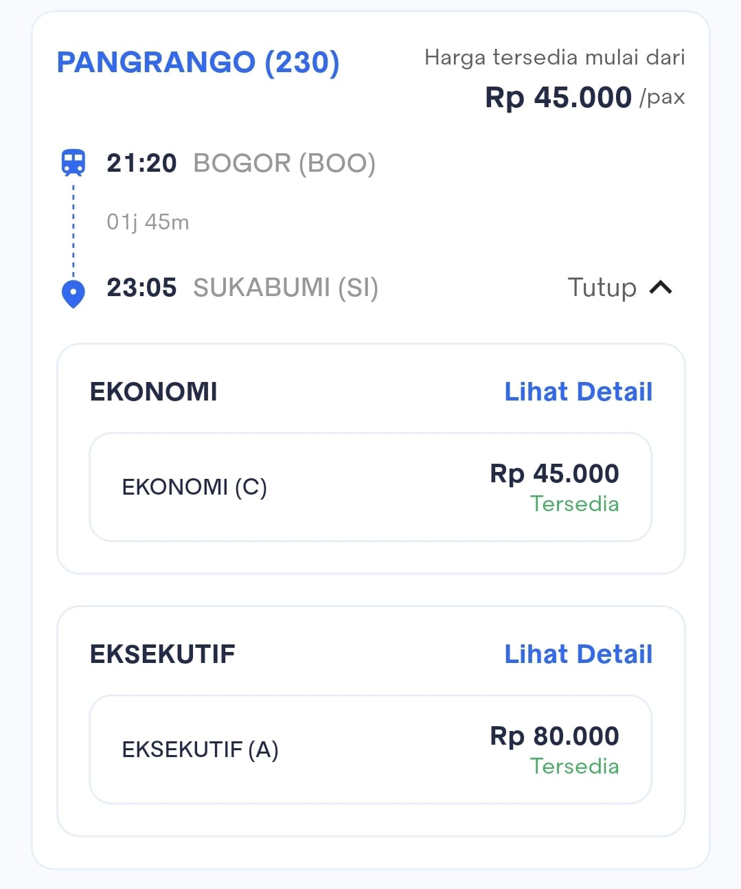 Harga Tiket KA Pangrango (230)  Bogor (BOO) — Sukabumi (SI)