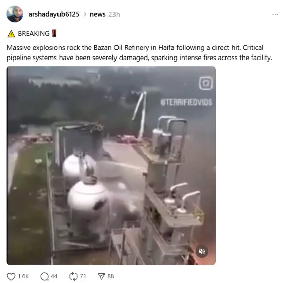 The moment the Bazan oil refinery in Haifa was struck amid escalating tensions between Iran and Israel.