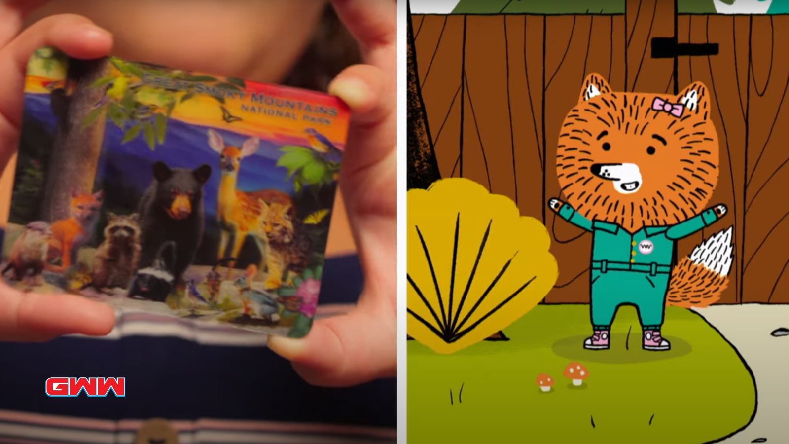 A child holding a colorful postcard alongside a cartoon Lotta the fox.