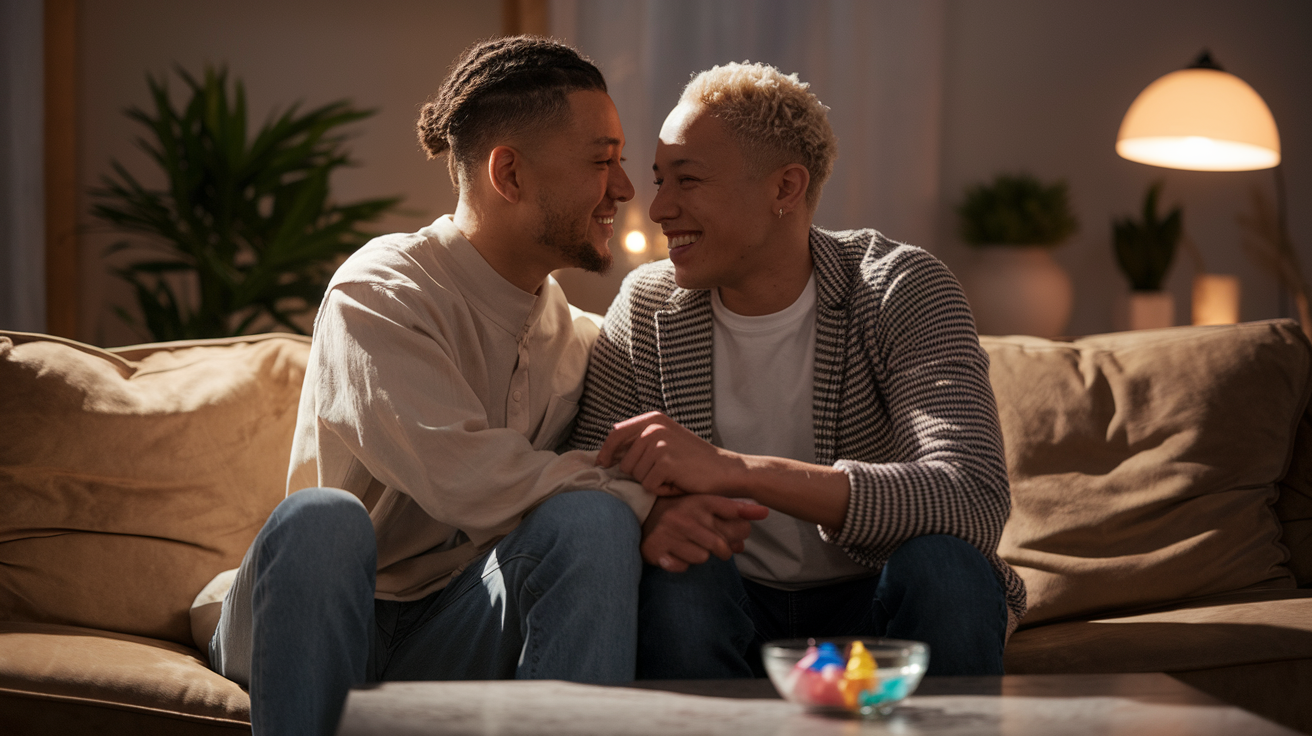 Create a realistic image of a diverse couple (one Black male, one Asian female) sitting close together on a comfortable couch, smiling at each other while a small bowl of colorful condoms sits on a nearby coffee table, with soft warm lighting creating an intimate yet educational atmosphere, emphasizing both connection and responsible choices.