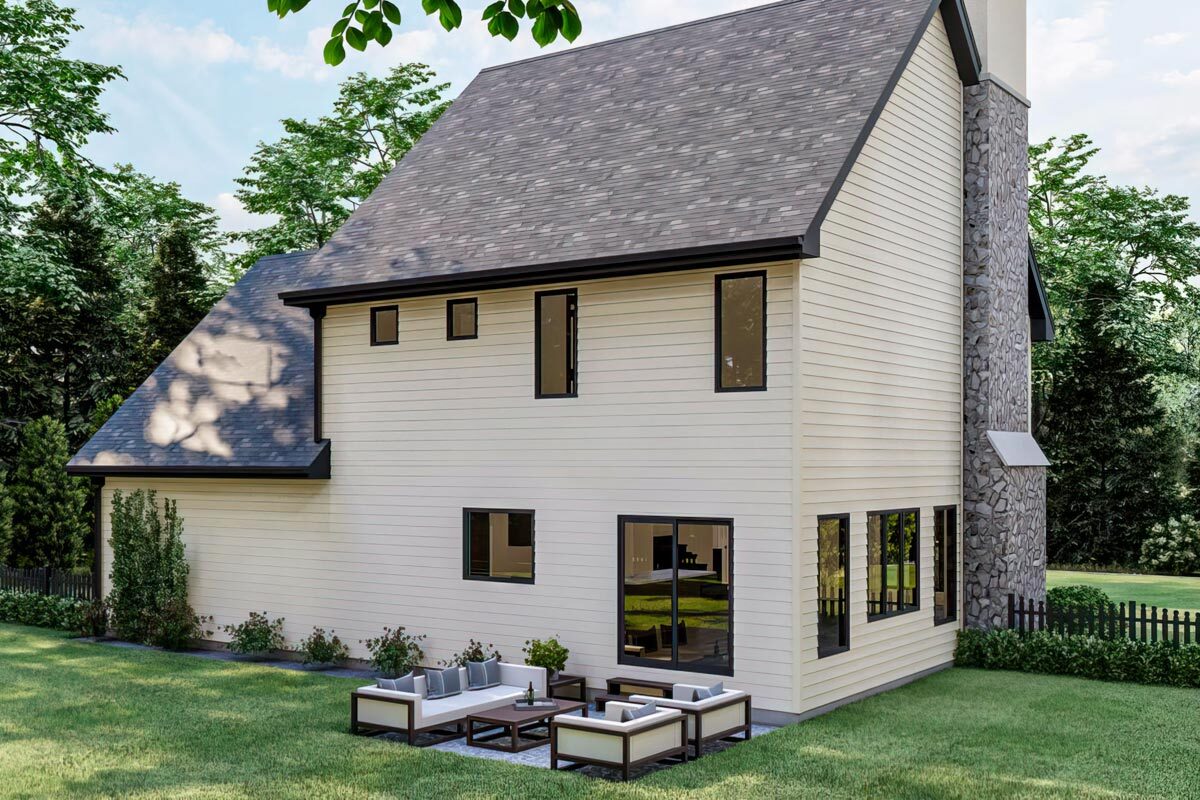 Rear rendering of the 3-bedroom two-story European cottage.