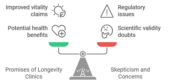 Scale graphic representing the cost-benefit analysis of longevity clinics, weighing the financial investment against potential health improvements, longer lifespan, and enhanced quality of life.