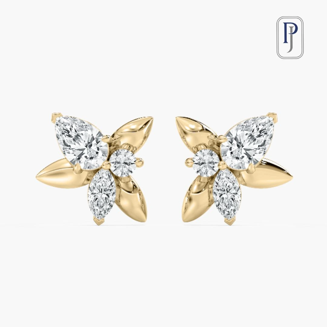 Pear, heart and round diamond stud earrings yellow gold made for special appearance in office.