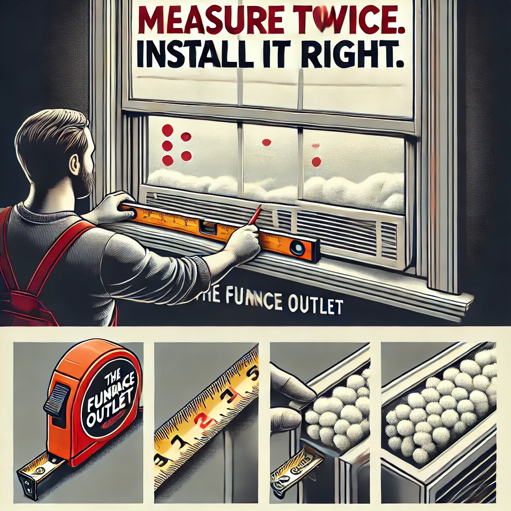 Technician measuring and sealing a window sill for AC install, showing foam strip placement and precision—includes The Furnace Outlet branding and slogan “Measure Twice. Install It Right.”