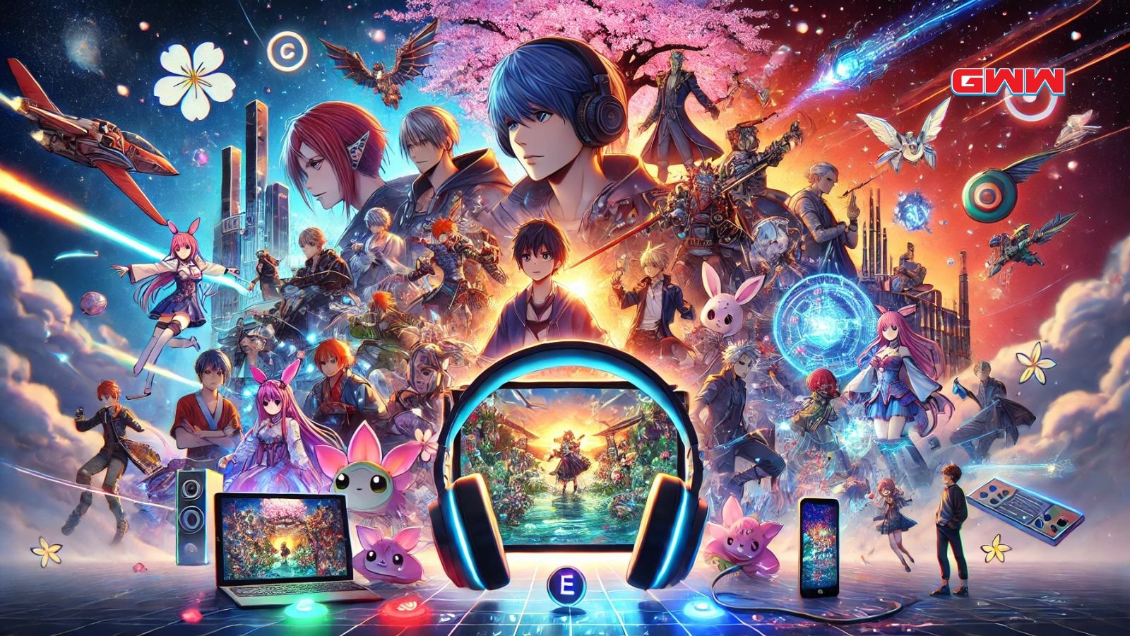 A vibrant and imaginative depiction of anime culture, showcasing diverse characters and colorful scenes in a digital streaming interface.