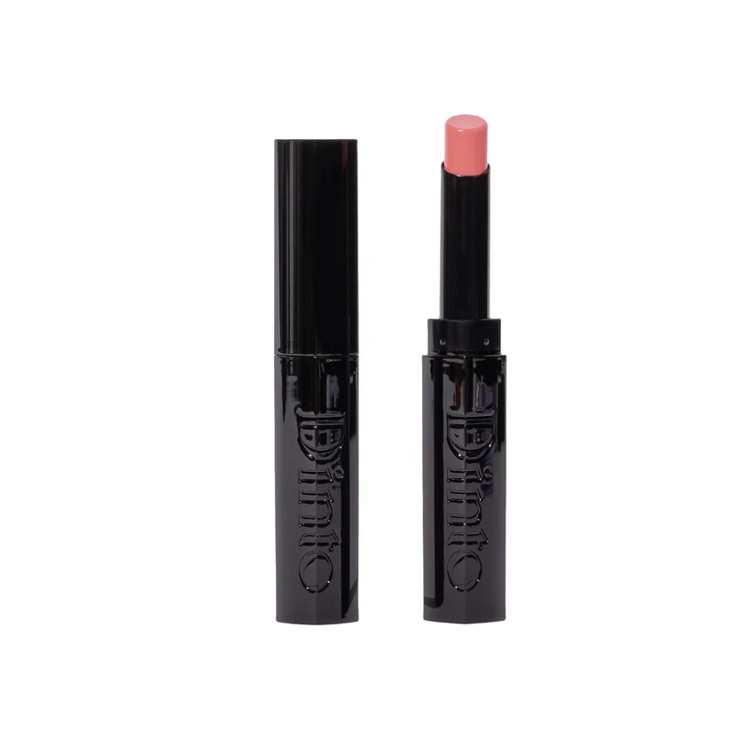 Black twist-up tube of Dinto Brontë Melting-Glow Balm showing soft pink lip balm stick.
