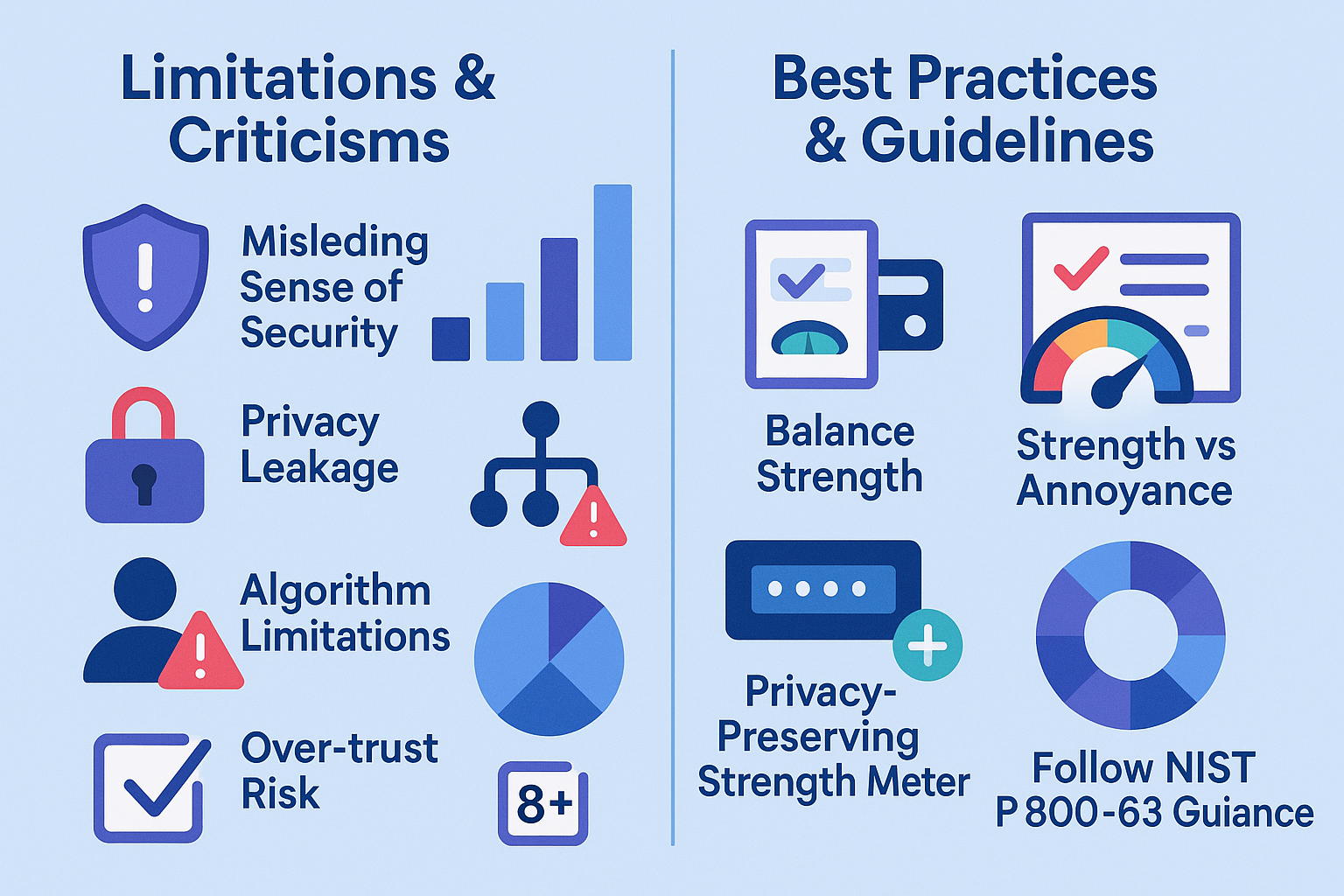However, no tool is perfect:
Misleading Sense of Security: A meter might not detect personal info in passwords.


Privacy Leakage Password Meters: Some send data to servers for analysis, risking exposure.


Algorithm Limitations: Rare patterns may be flagged too harshly or too leniently.


User Reliance Risk: Over-trust in the meter could lead users to ignore other security advice.



Best Practices & Guidelines
Whether you’re a developer or end-user, follow these password meter implementation tips:
Incorporate Blacklist Checking: Block the most common 10,000 passwords.


Balance Strength vs Annoyance: Don’t require extreme complexity that frustrates users.


Adaptive Meter Suggestions: Offer context-based tips ("Add one symbol").


Privacy-Preserving Strength Meter: Run checks client-side to avoid sending raw passwords.


Follow NIST SP 800-63 Guidance: Aim for 8+ character minimum with entropy targets.
